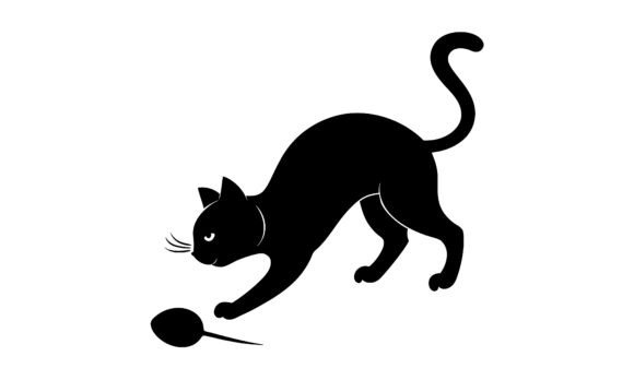 Black Cat Hunting Mouse Silhouette
