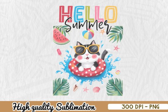 Cute Cat Hello Summer Sublimation PNG