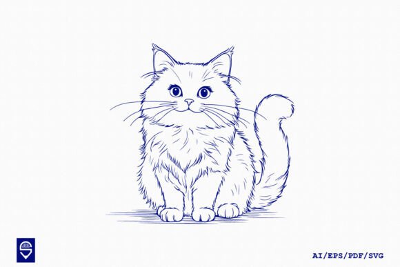 Cute Fluffy Cat Line Art