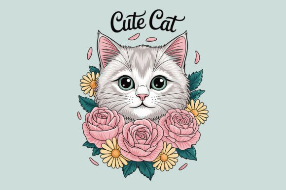 Free Cute Cat Floral Illustration