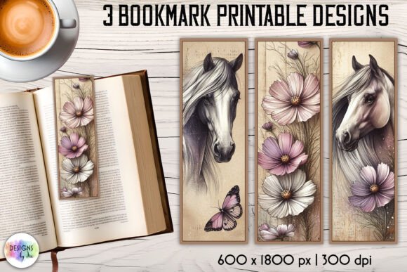 Vintage Bookmarks with Flowers and Horse