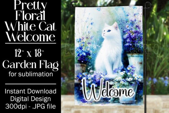 White Cat Garden Flag Sublimation Design